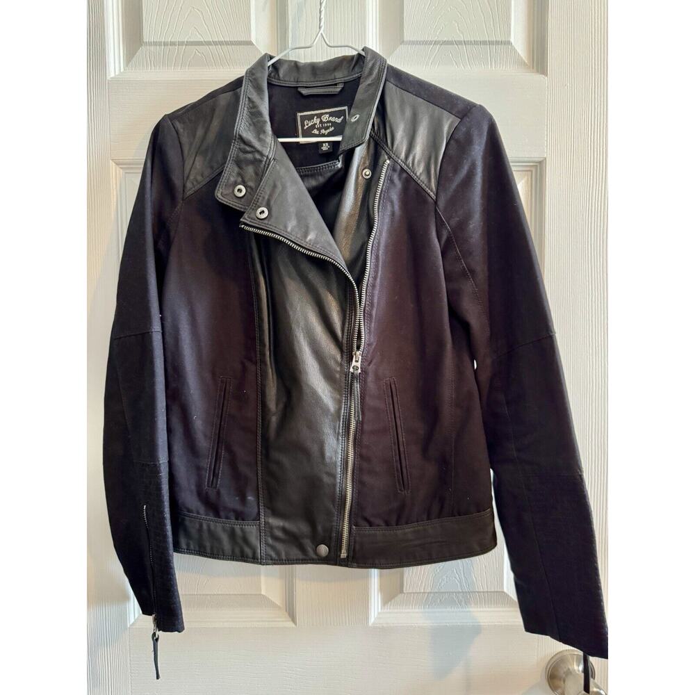 Lucky Brand Women's XS Goat Leather Cotton Moto Jacket Zip Black Grunge Rock